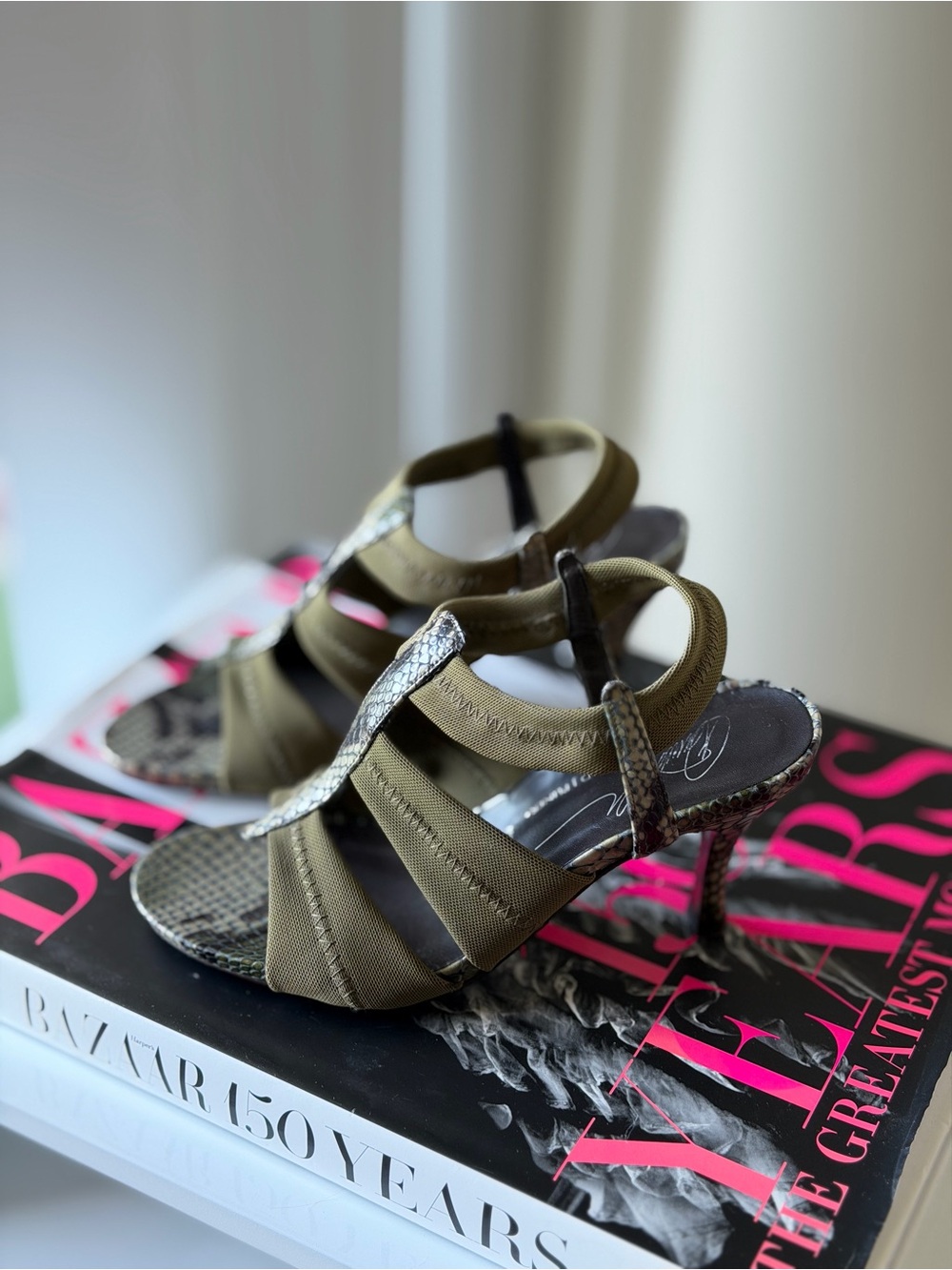 Donald J. Pliner Olive Green Snake-Accent Strappy Heels